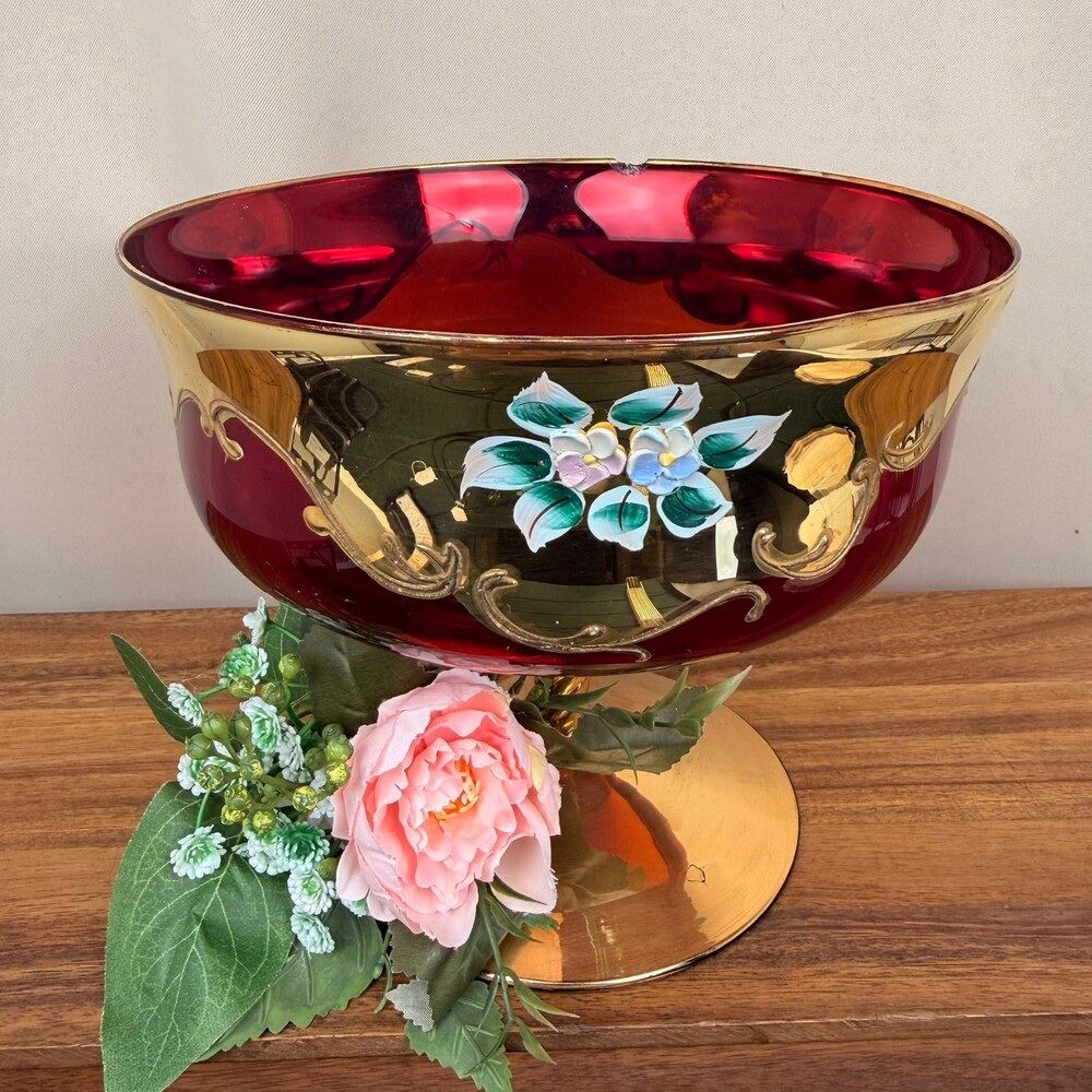 Murano Style Ruby Red Glass Compote Bowl Gold Encrusted Floral Tre Fuochi 7.25in